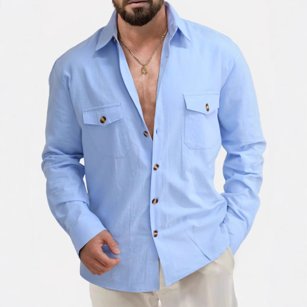 Casual Loose V-neck Solid Color Top Button Chest Pocket Shirt