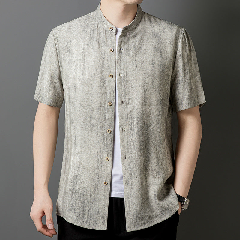 Fashion Linen Shirt Middle-aged Men's Solid Color Stand Collar Top
