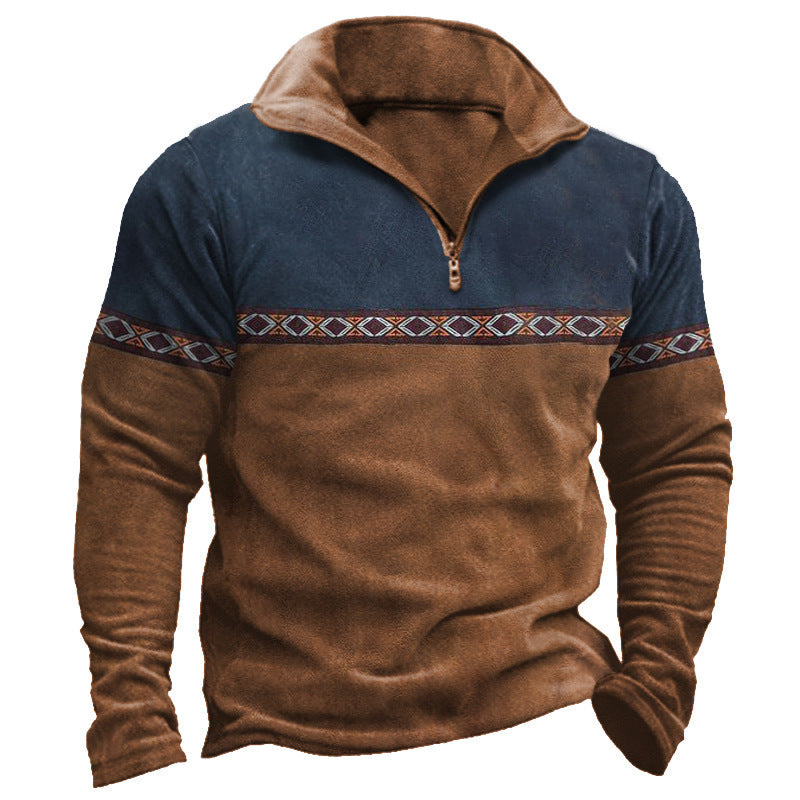Retro Patchwork Polo Shirt Zipper Sweater Daily Outdoor Casual Top