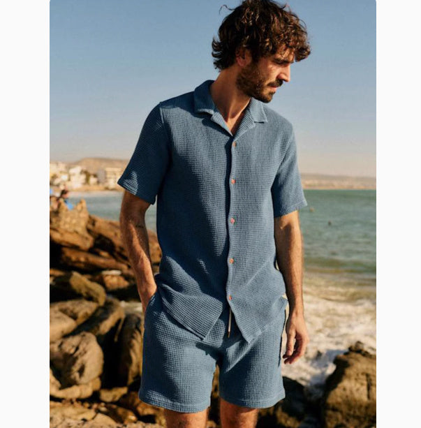 French Men's Waffle Loose Cuban Collar Shirt Shorts Two-piece Suit