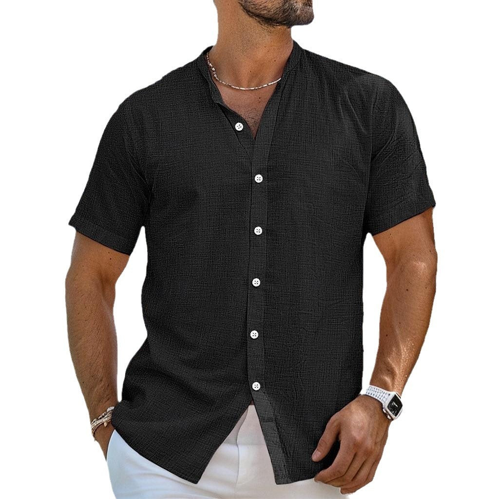Men's Solid Color Cardigan Henry Collar Short Sleeve Cotton And Linen Shirt
