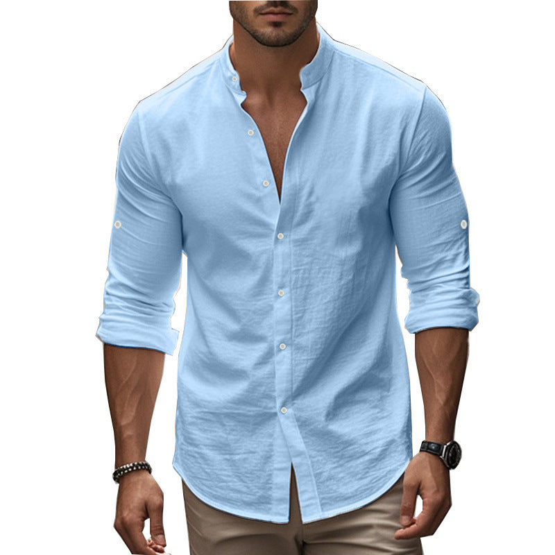 Men's Long Sleeve Standing Collar Slim Fit Casual Cotton Shirt