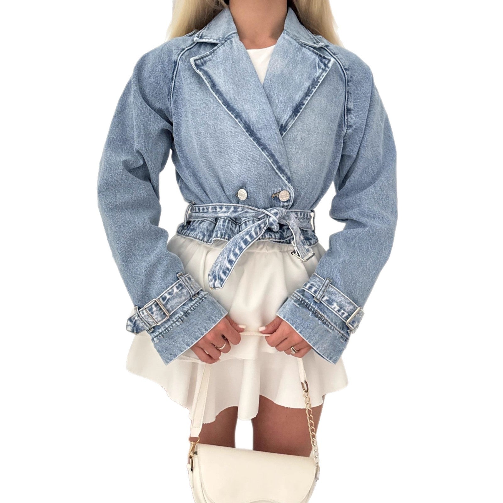 Lapel Long Sleeve Denim Wind-breaker Coat