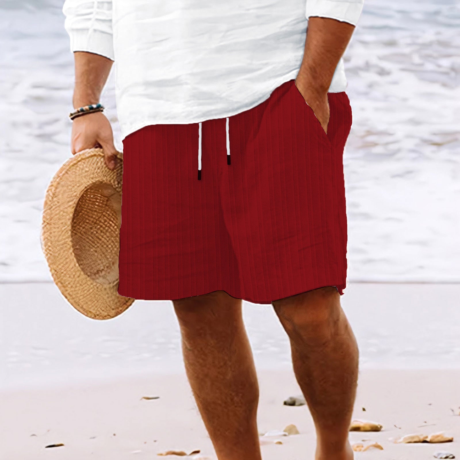 European And American Cotton And Linen Multi-bag Lace Men's Striped Beach Shorts