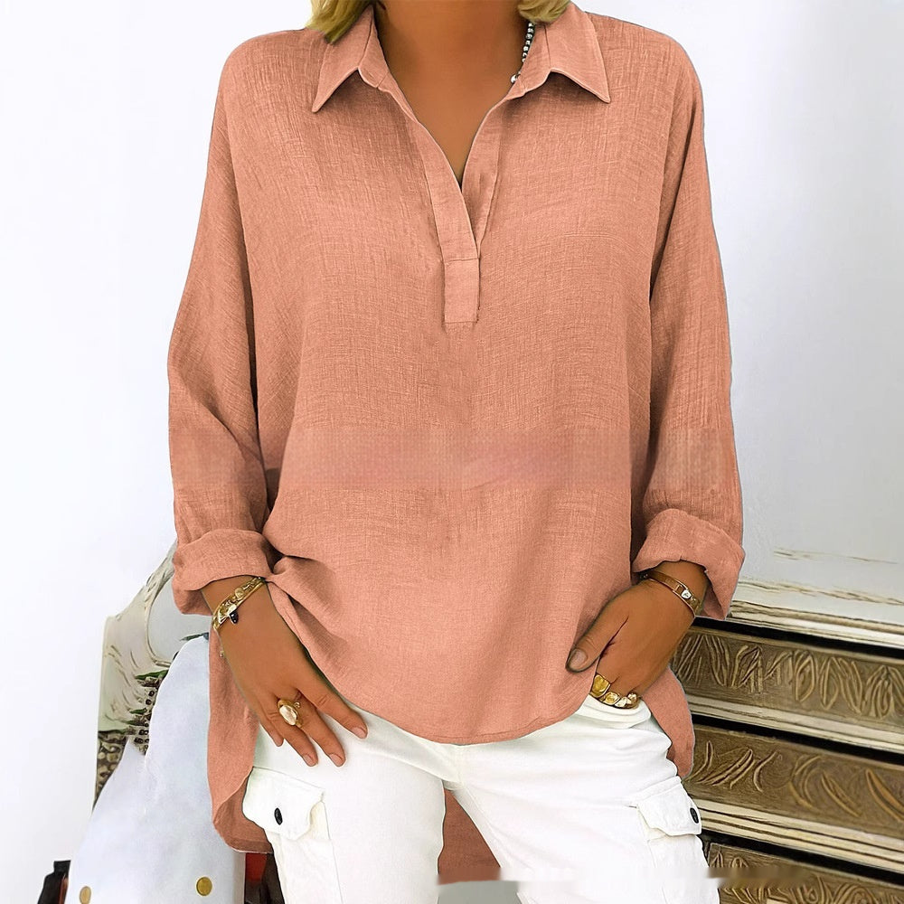 Women's Solid Color Casual Loose Long Sleeve V-neck Shirt