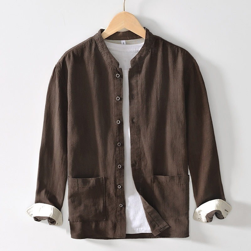 Chinese-style Stand Collar Ramie Long-sleeved Shirt Breathable Linen Casual Chinese-style Shirt For Men