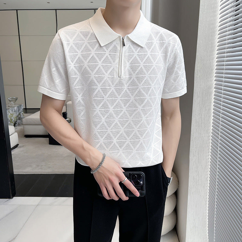 Slim-fit Lapel Rhombus Breathable Hollowed Leisure Top For Men