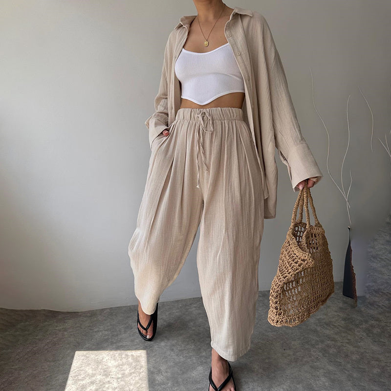 Women's Solid Color Lapel Collar Long Sleeve Shirt & High-Waist Pants Set - Casual Loose Fit Spring&Summer Outfit