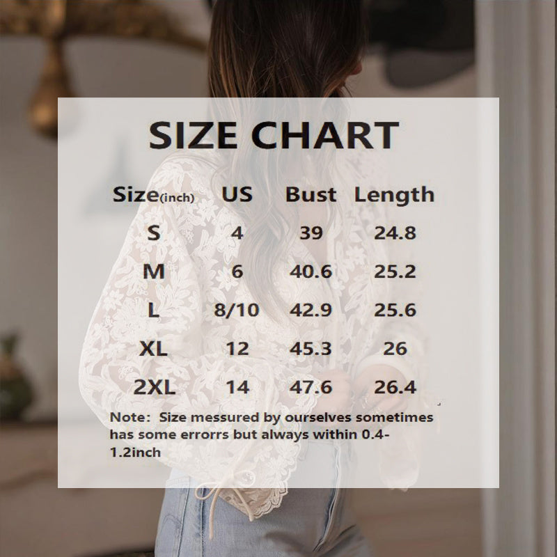 Women's Solid Color V-Neck Long Sleeve Blouse Floral Lace Embroidery Ruffled Neckline & Cuffs Drawstring Sleeves Button Front Semi-Sheer Elegant Summer Top
