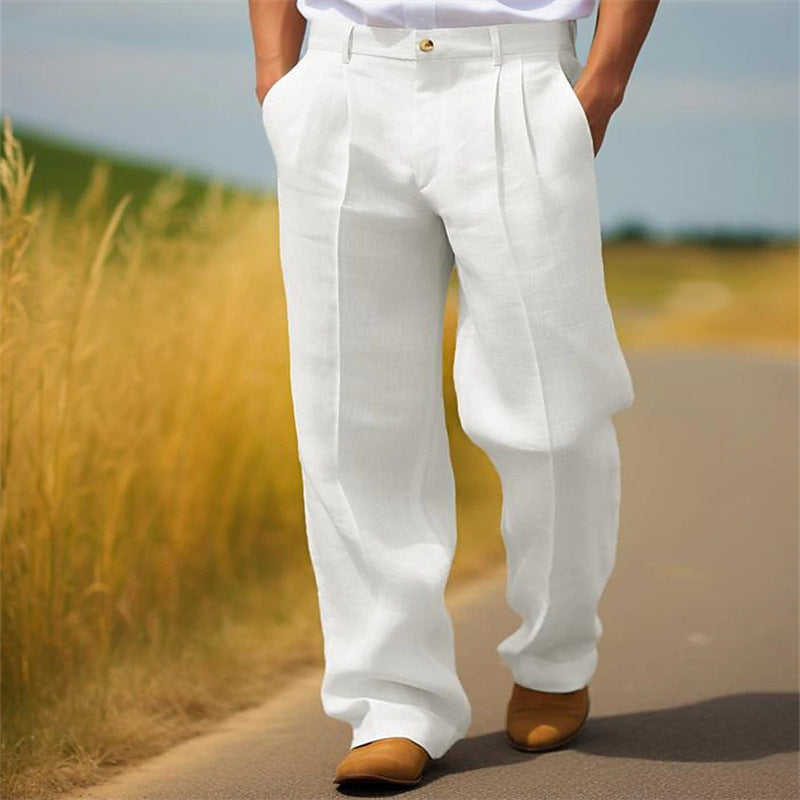 Men's Linen Solid Color Loose Straight Daily Casual Breathable Trousers