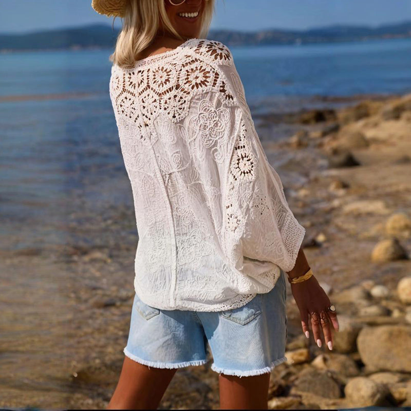 Women's V-Neck Button-Up Lace Cardigan Semi-Sheer Geometric Pattern Mid-Long Sleeve Lightweight Beach Spring&Summer Fashion