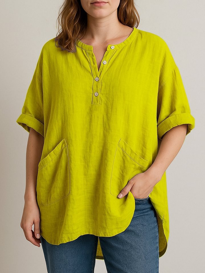 Women's Casual Cropped Sleeve V-neck Solid Color Cotton And Linen Shirt