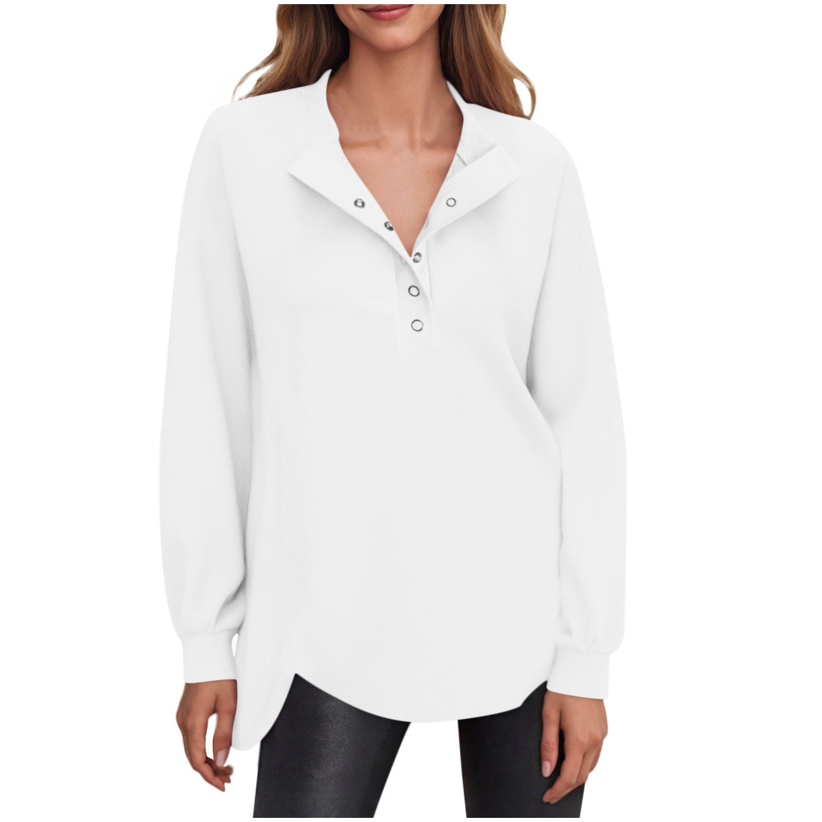 Women's Fashion Casual Solid Color Round Neck Button Long Sleeve Top