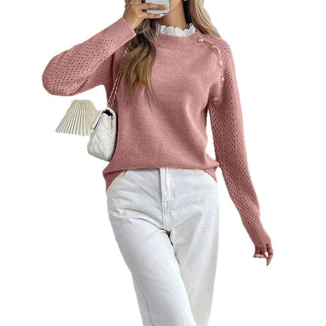 Lace Stitching Collar Design Round Neck Sweater