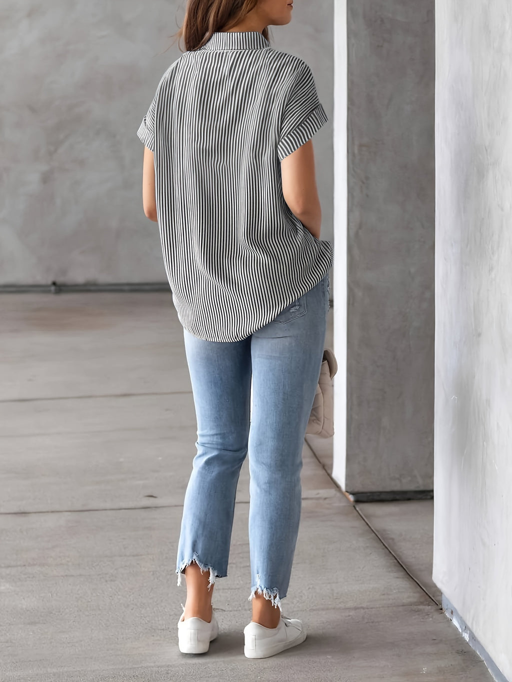 Elegant Plus Size Striped Blouse With Pocket - Casual Short Sleeve, Button-Up Collared Shirt For Women