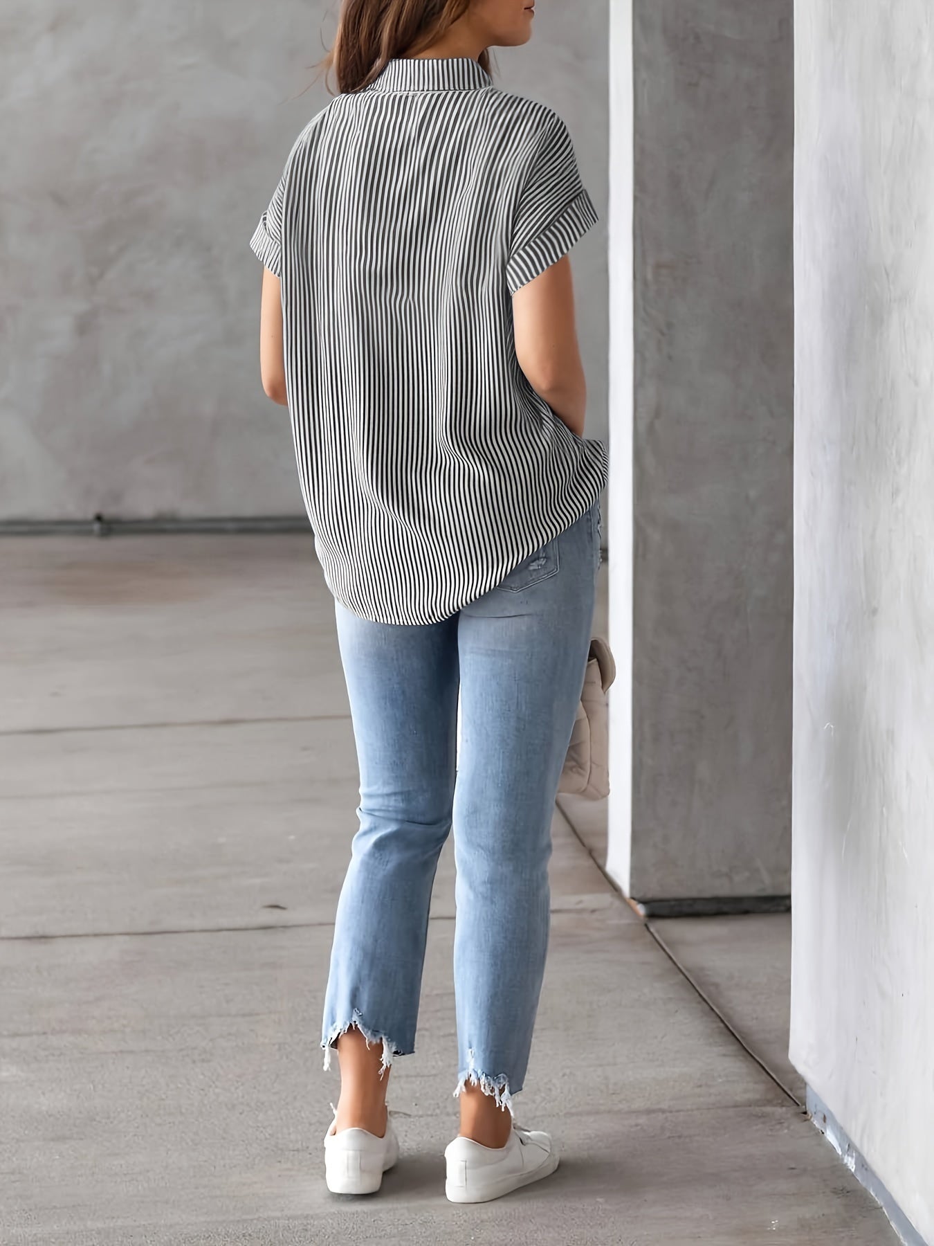 Elegant Plus Size Striped Blouse With Pocket - Casual Short Sleeve, Button-Up Collared Shirt For Women