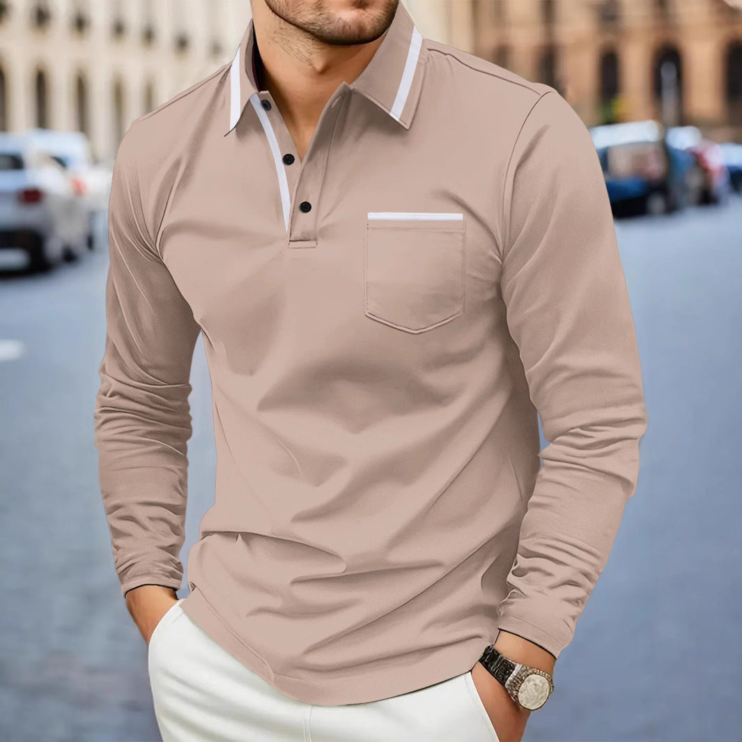 European And American Men's Spring And Autumn Daily Casual Patchwork Pocket Solid Color Lapel Long Sleeve Plus Size Polo Shirt