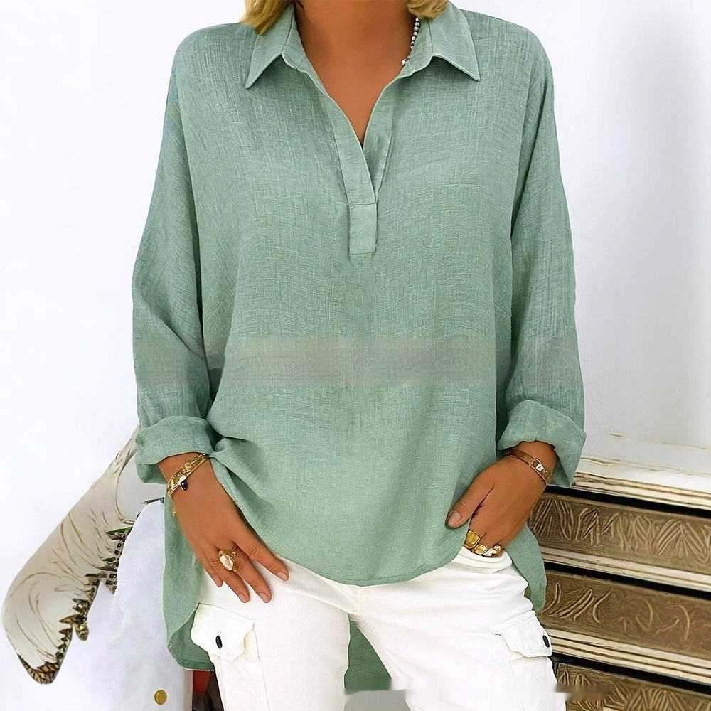 Women's Solid Color Casual Loose Long Sleeve V-neck Shirt