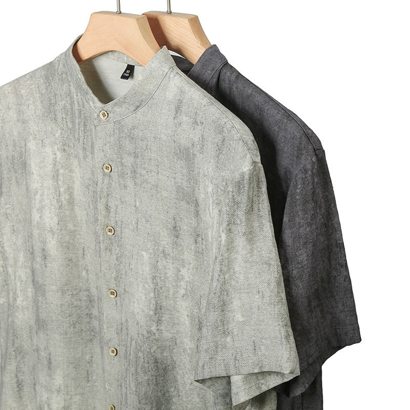 Fashion Linen Shirt Middle-aged Men's Solid Color Stand Collar Top