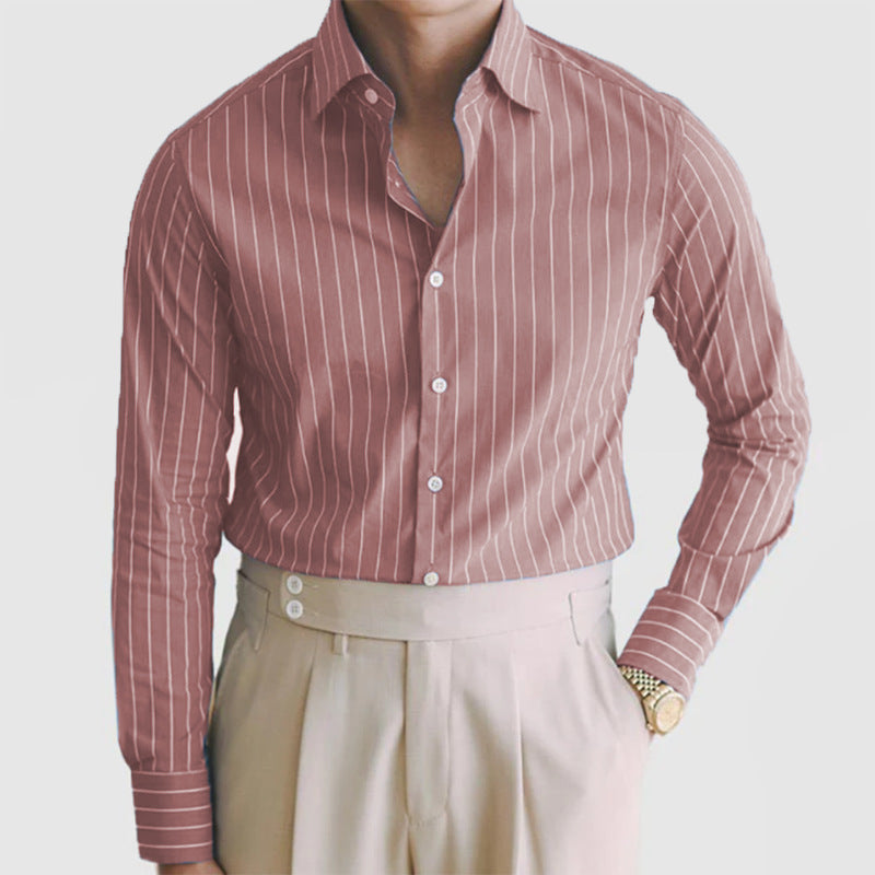 Fall Winter Men Striped Lapel Cardigan Striped Long Sleeve Shirt