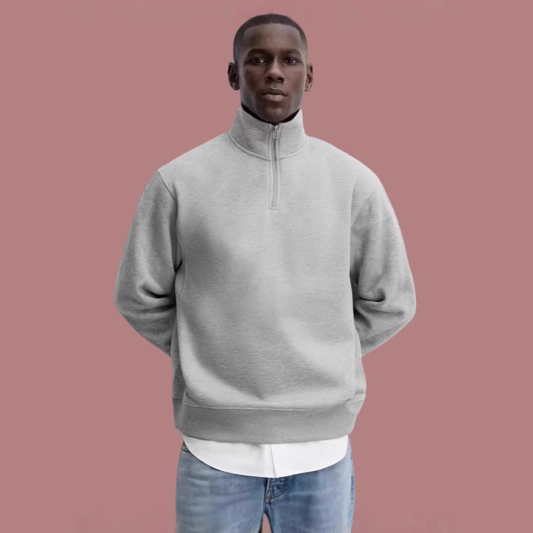 Half Zipped Stand Collar Gray Sweater Same Style For Men And Women