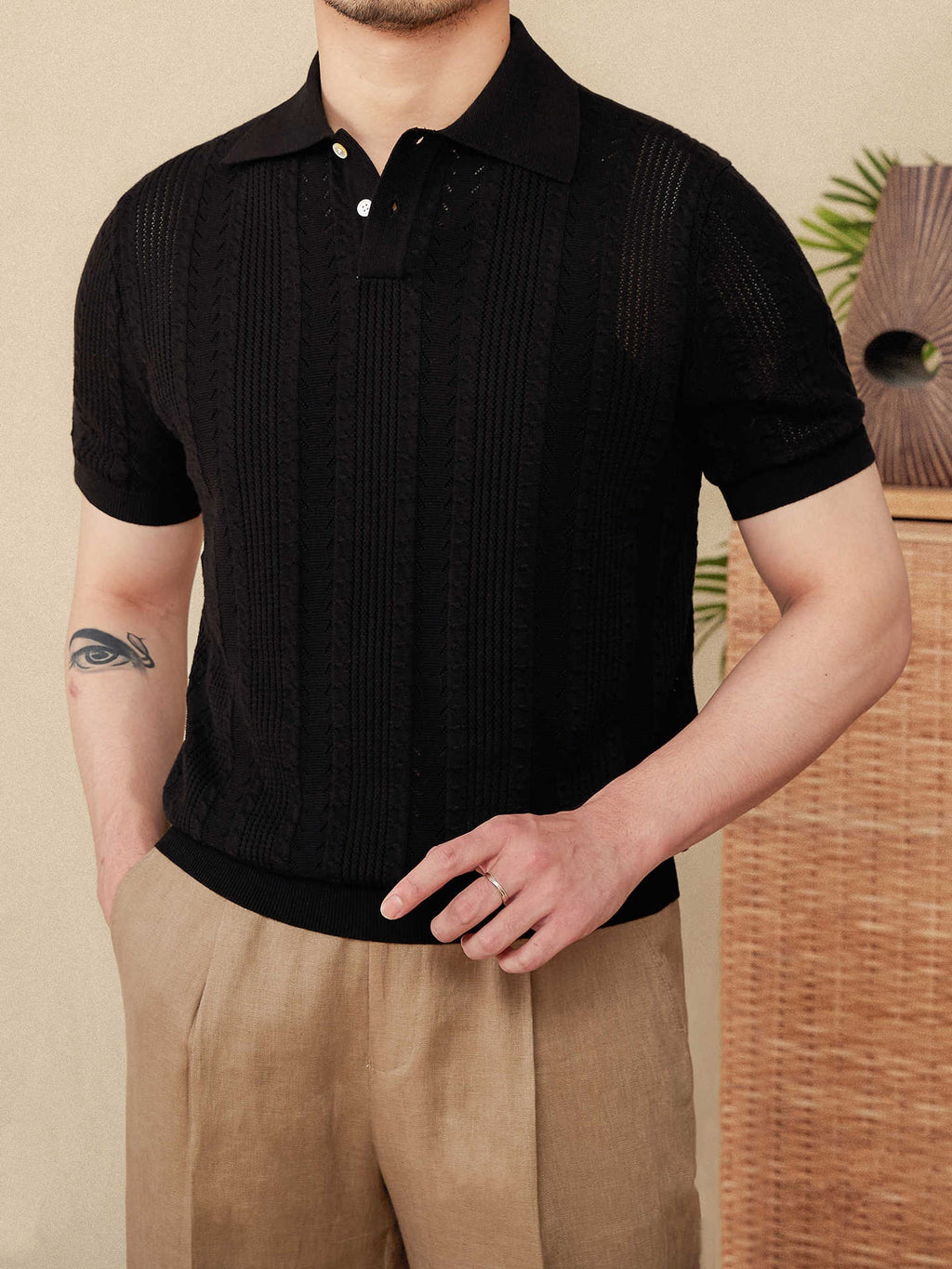 Cotton Hollow Lapel Short Sleeve POLO Knitted T-shirt