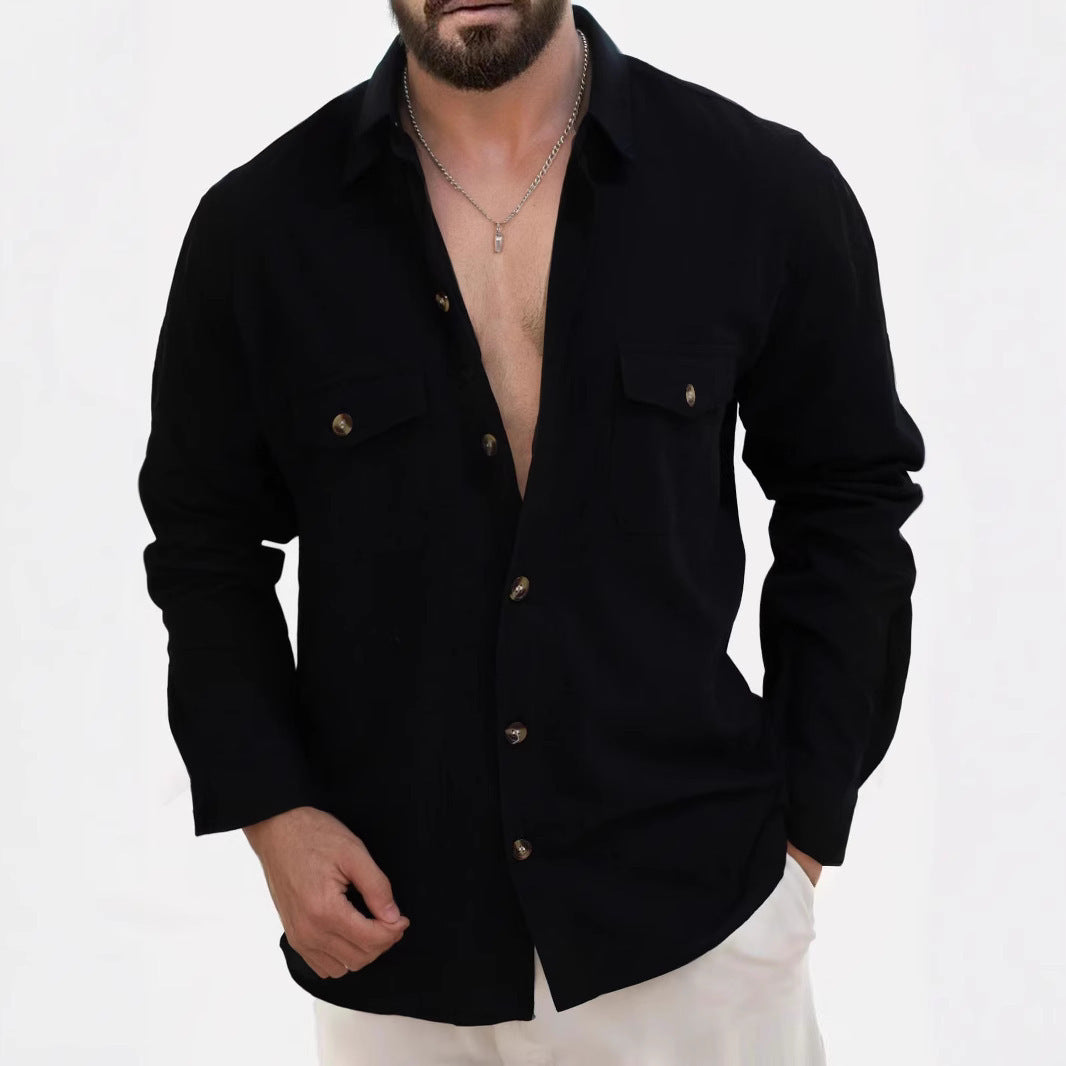 Casual Loose V-neck Solid Color Top Button Chest Pocket Shirt
