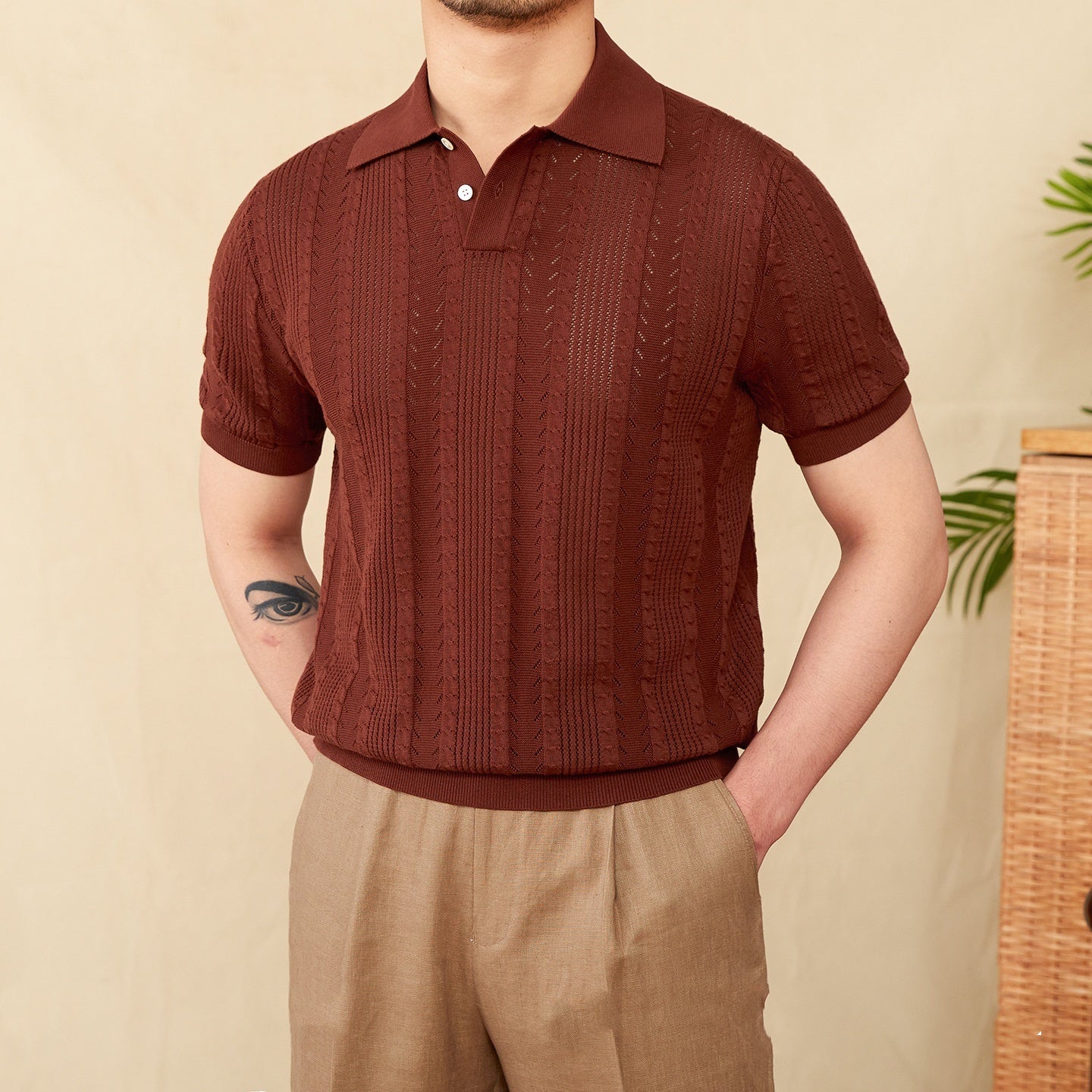 Cotton Hollow Lapel Short Sleeve POLO Knitted T-shirt