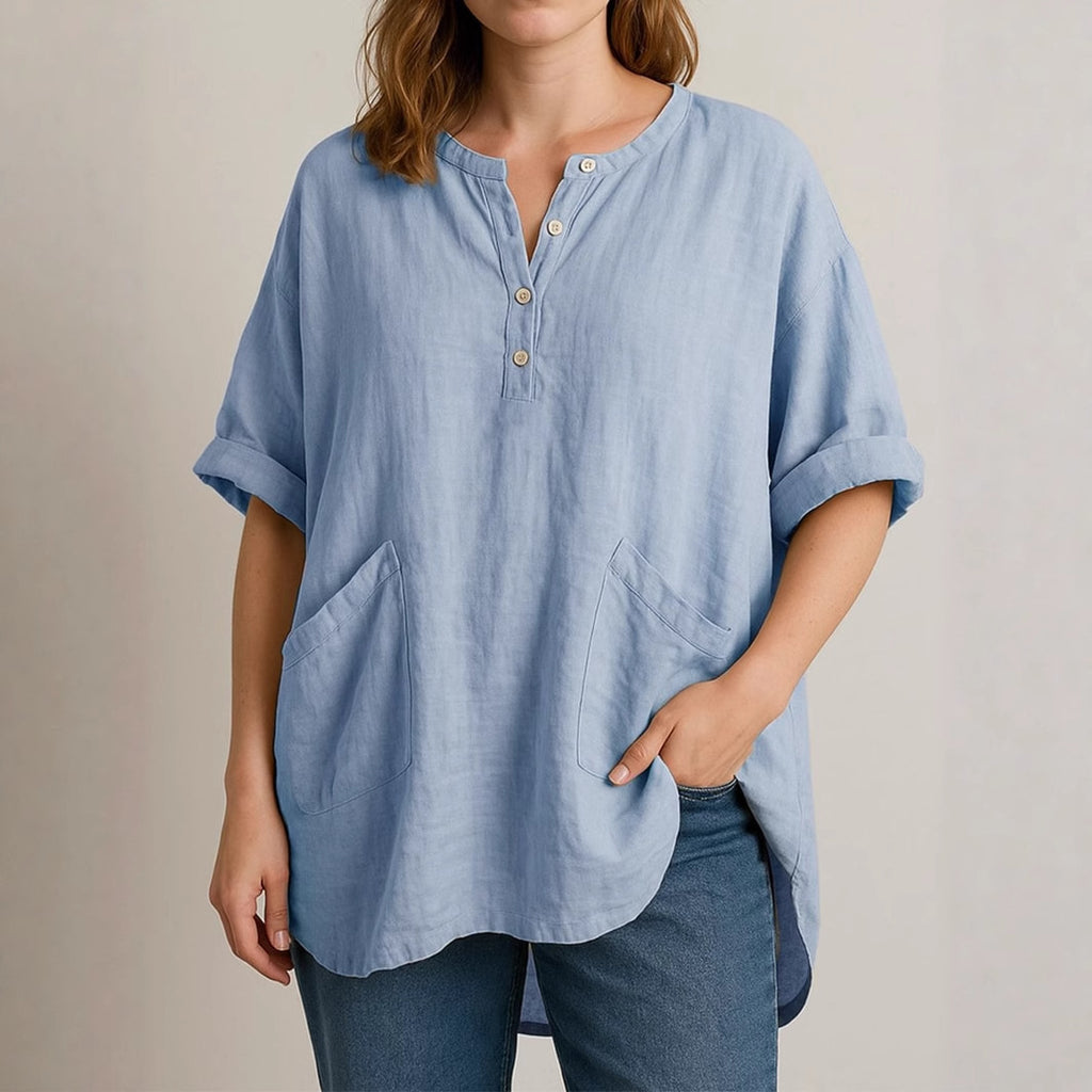 Women's Casual Cropped Sleeve V-neck Solid Color Cotton And Linen Shirt