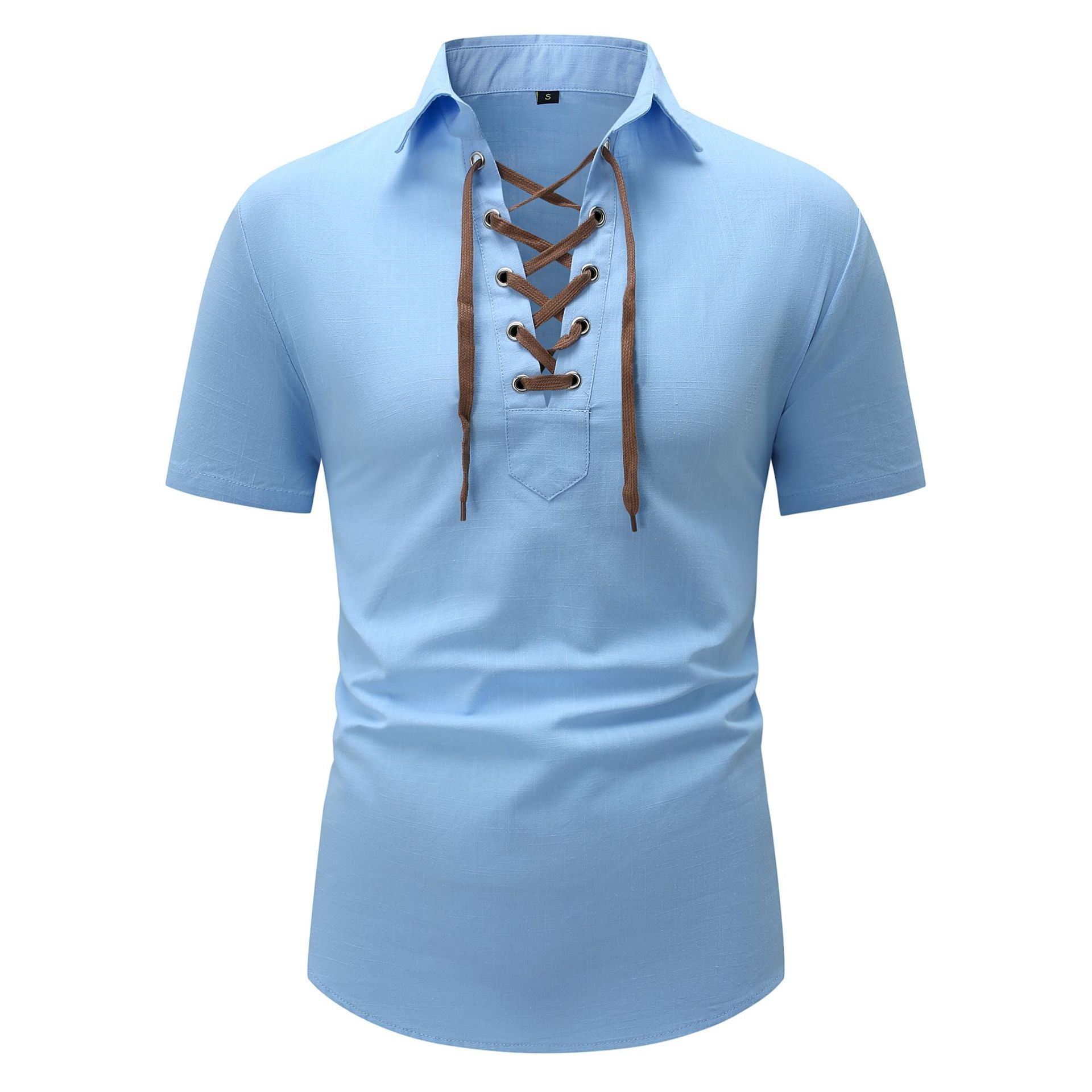 European And American Men's Cotton And Linen Lapel Loose V-neck Lace Shirt