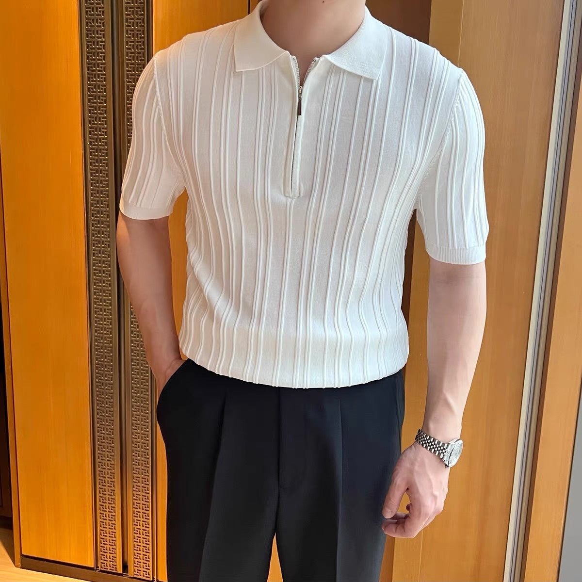 Casual Zipper Short Sleeve Men's Retro Elegant Jacquard Lapel