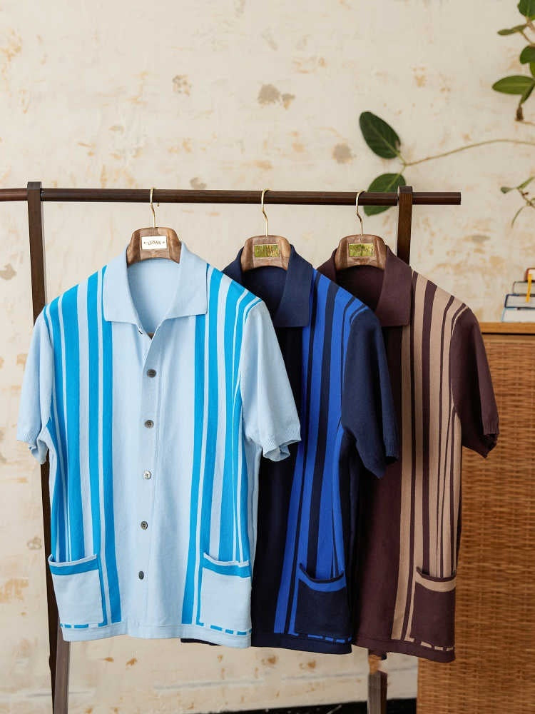 Cotton Striped Breathable Short-sleeved Knitted Cardigan Polo Shirt