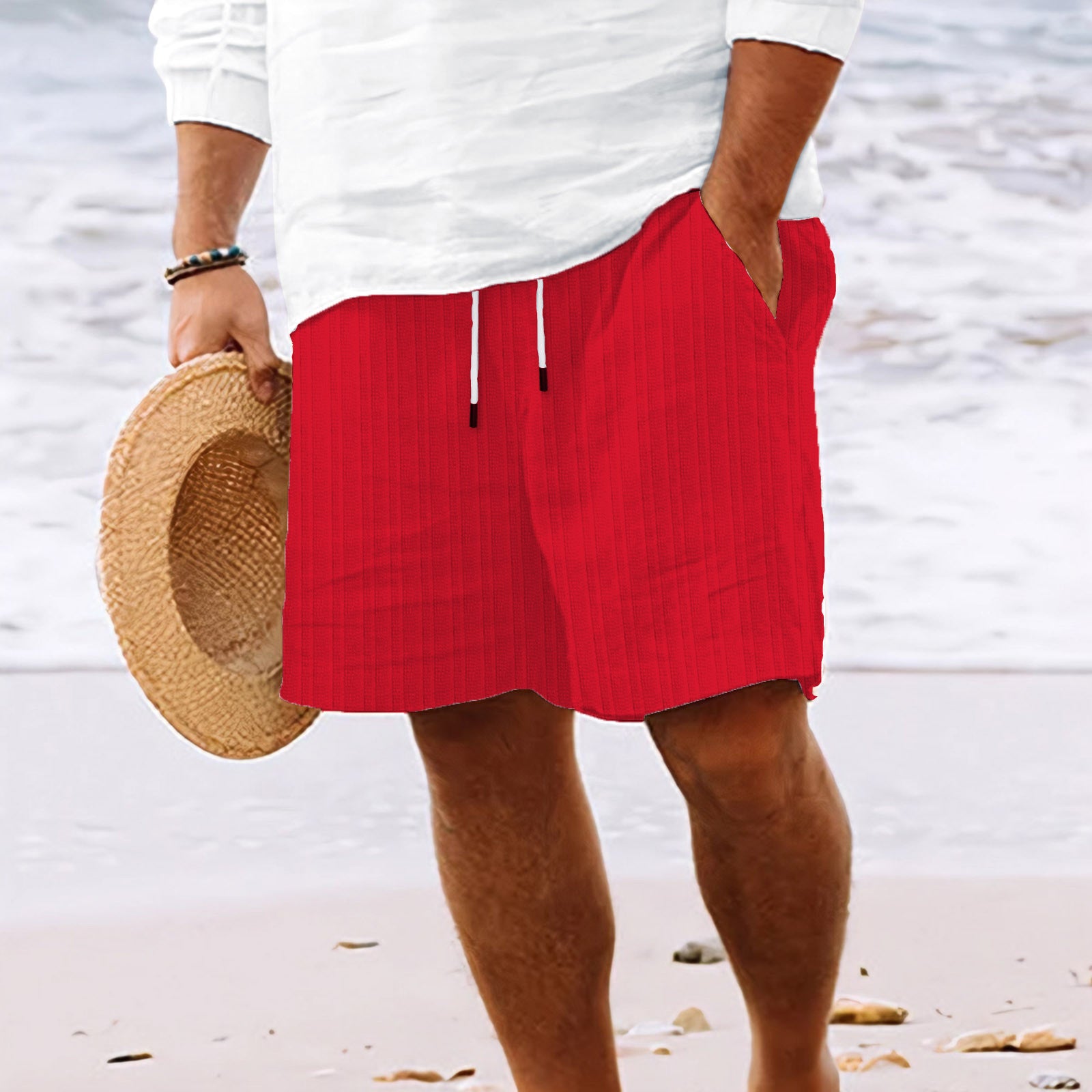 European And American Cotton And Linen Multi-bag Lace Men's Striped Beach Shorts