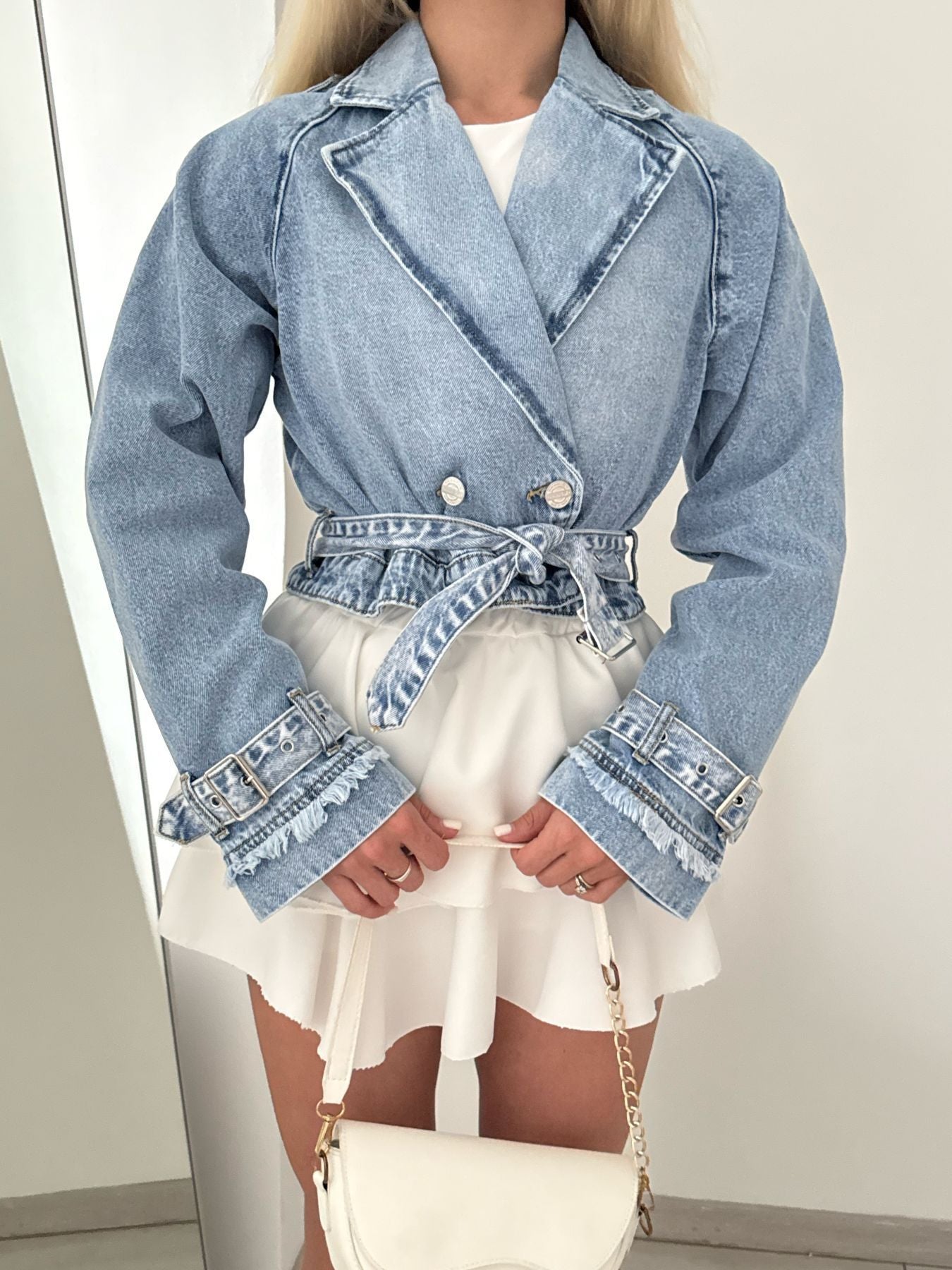 Lapel Long Sleeve Denim Wind-breaker Coat