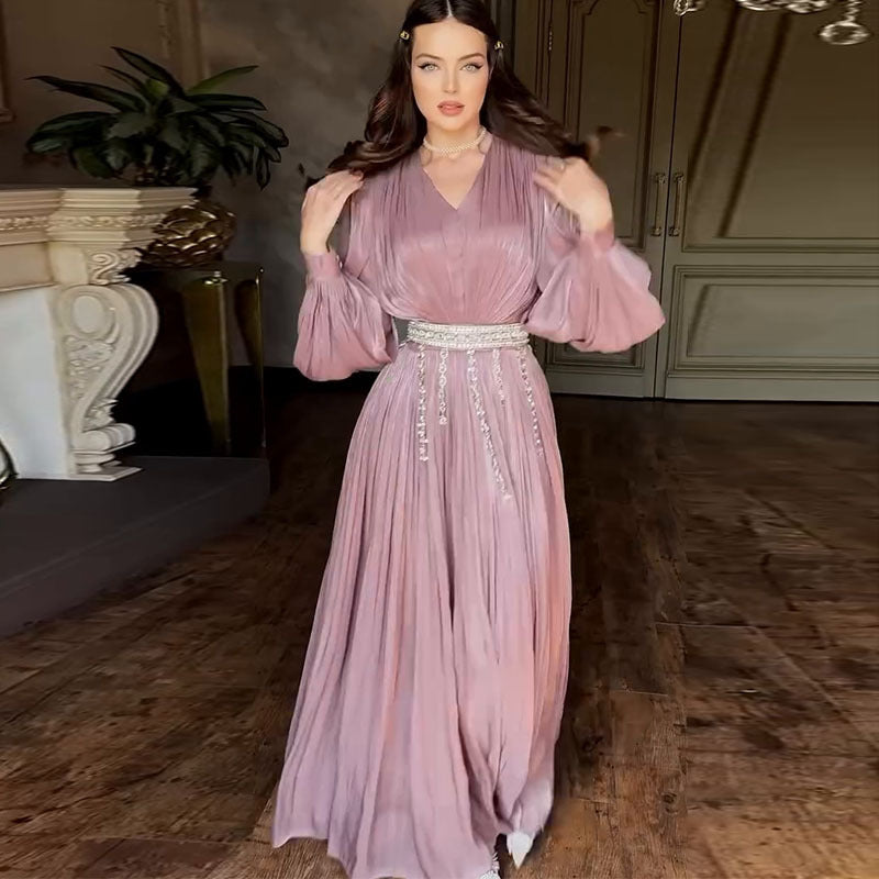 Fashion V-neck Pleated Tulle Long Sleeve Big Hem Dress