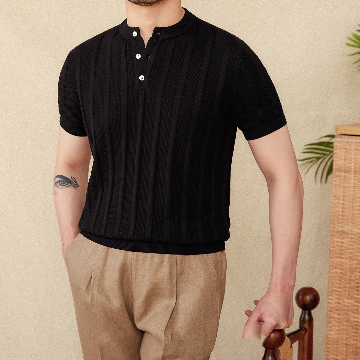 Cotton Sunken Stripe Henry Collar Casual Men's Knitted Short-sleeved T-shirt