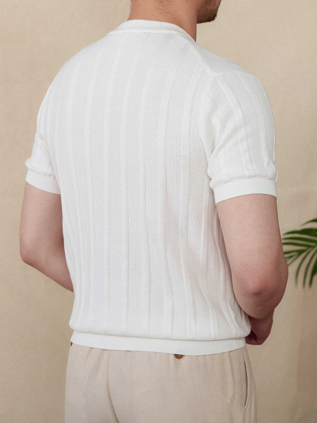 Cotton Sunken Stripe Henry Collar Casual Men's Knitted Short-sleeved T-shirt