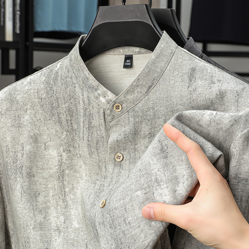 Fashion Linen Shirt Middle-aged Men's Solid Color Stand Collar Top