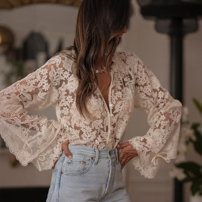 Women's Solid Color V-Neck Long Sleeve Blouse Floral Lace Embroidery Ruffled Neckline & Cuffs Drawstring Sleeves Button Front Semi-Sheer Elegant Summer Top