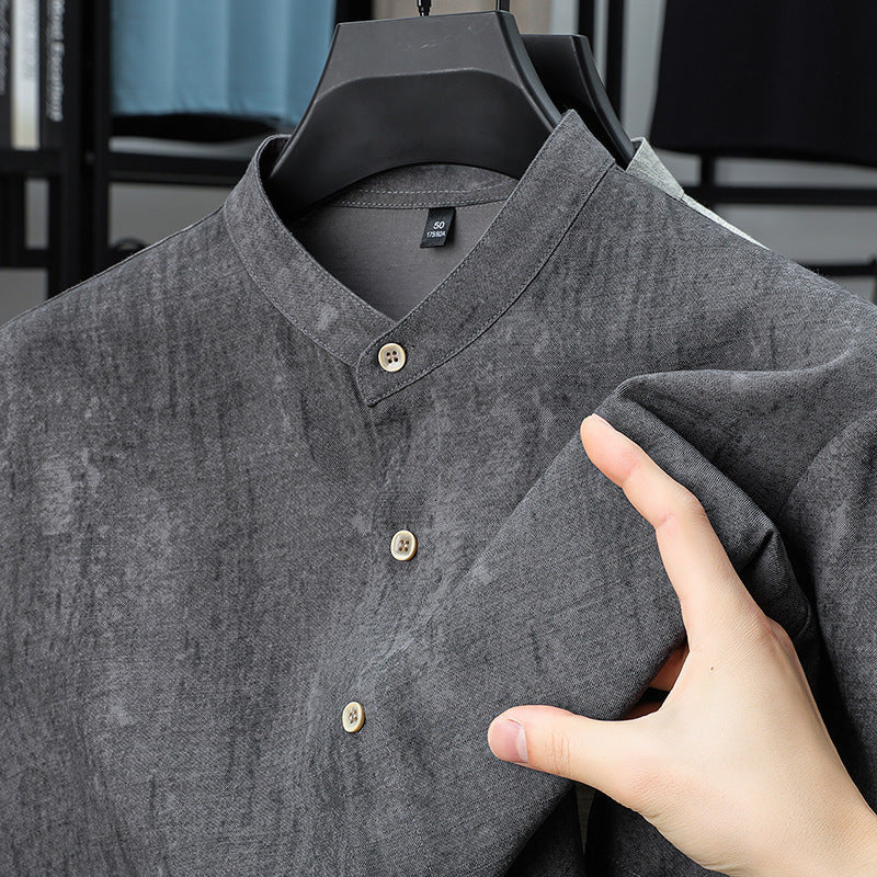 Fashion Linen Shirt Middle-aged Men's Solid Color Stand Collar Top