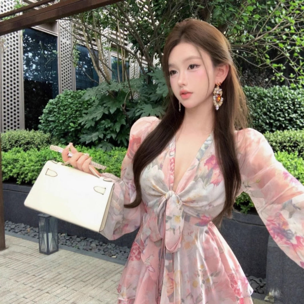 Pure Desire Waist Trimming Easy Matching Sling Printed Female V-neck Dress