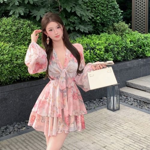 Pure Desire Waist Trimming Easy Matching Sling Printed Female V-neck Dress