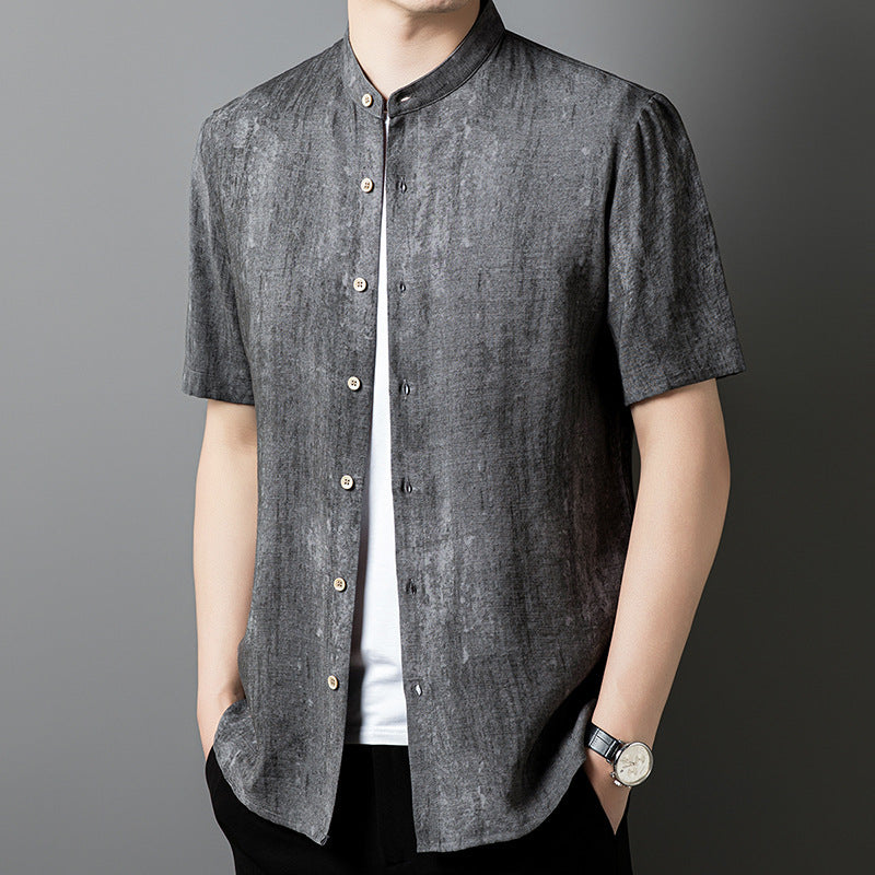 Fashion Linen Shirt Middle-aged Men's Solid Color Stand Collar Top