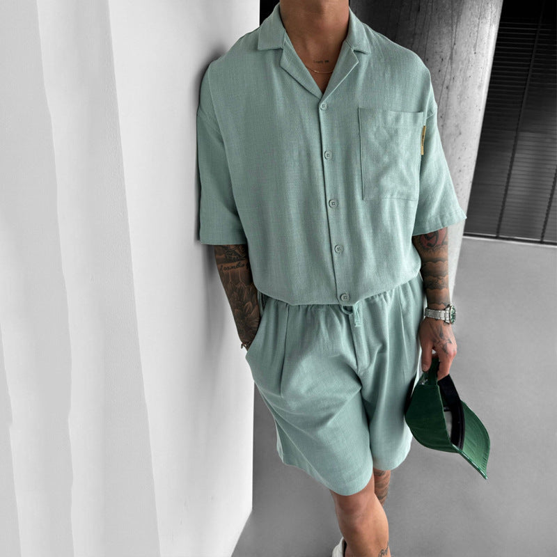 Casual Polo Collar Pocket Loose Short Sleeve Shirt Shorts Suit