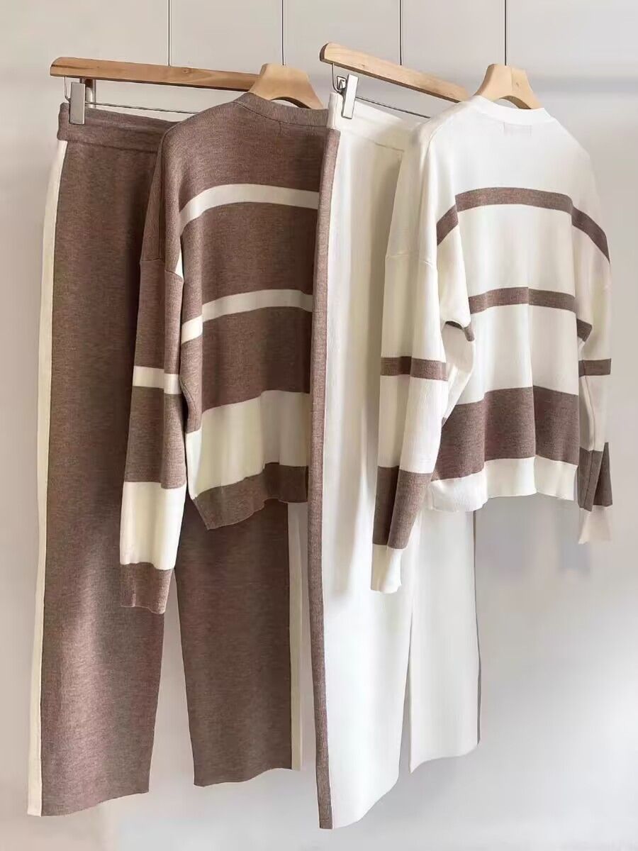 Autumn And Winter Leisure Striped Knitted Cardigan Top Wide Leg Pants Two-piece Suit