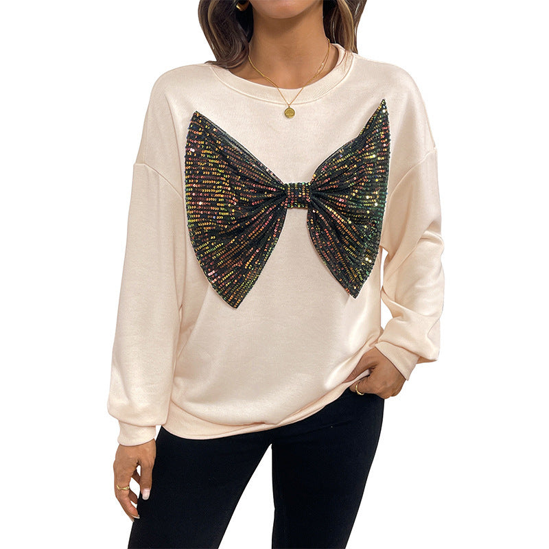 Sequined Bow Crew Neck Pullover Sweatshirt Women