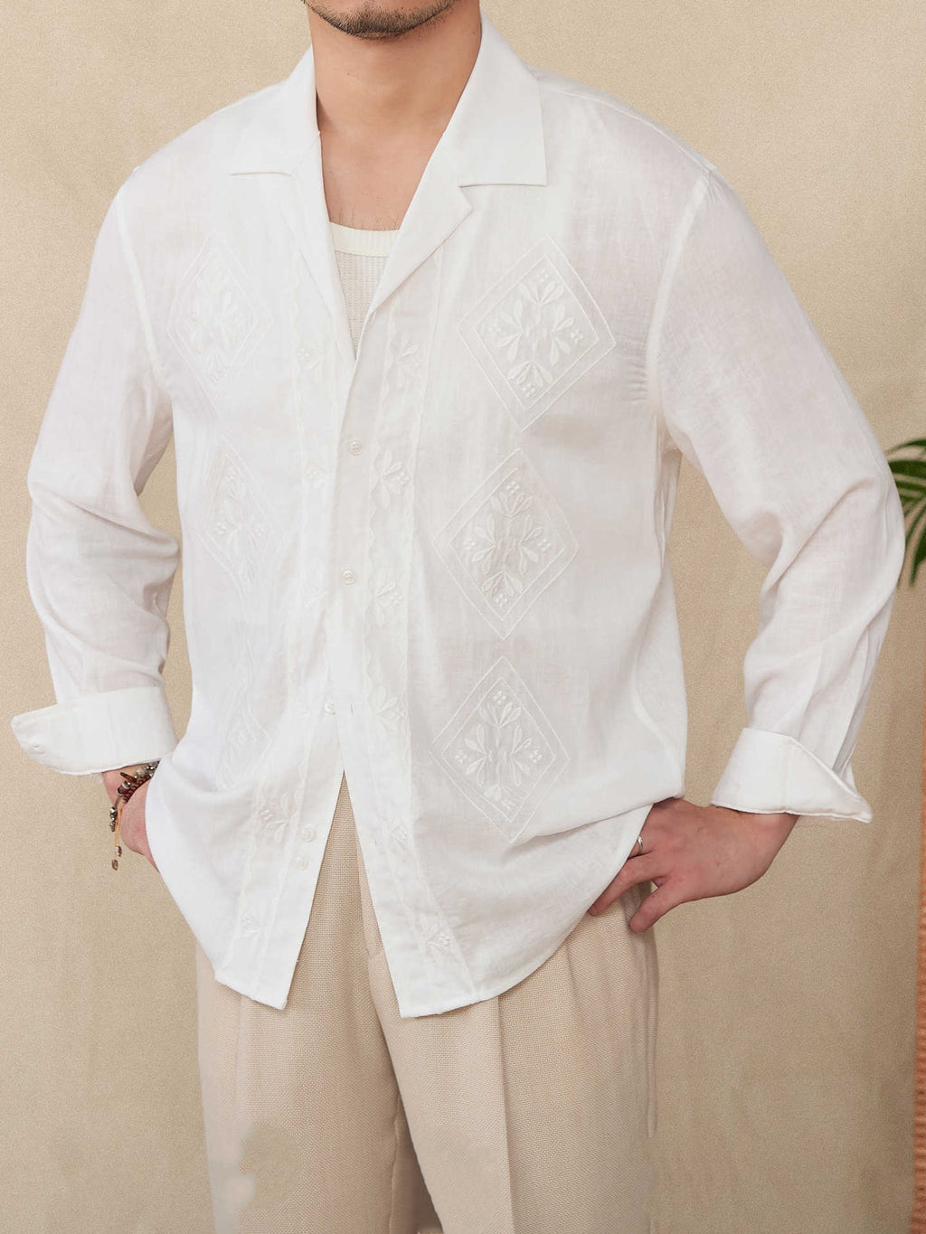 Cotton And Linen Thin Embroidery Cuban Collar Long Sleeve Sunscreen Shirt