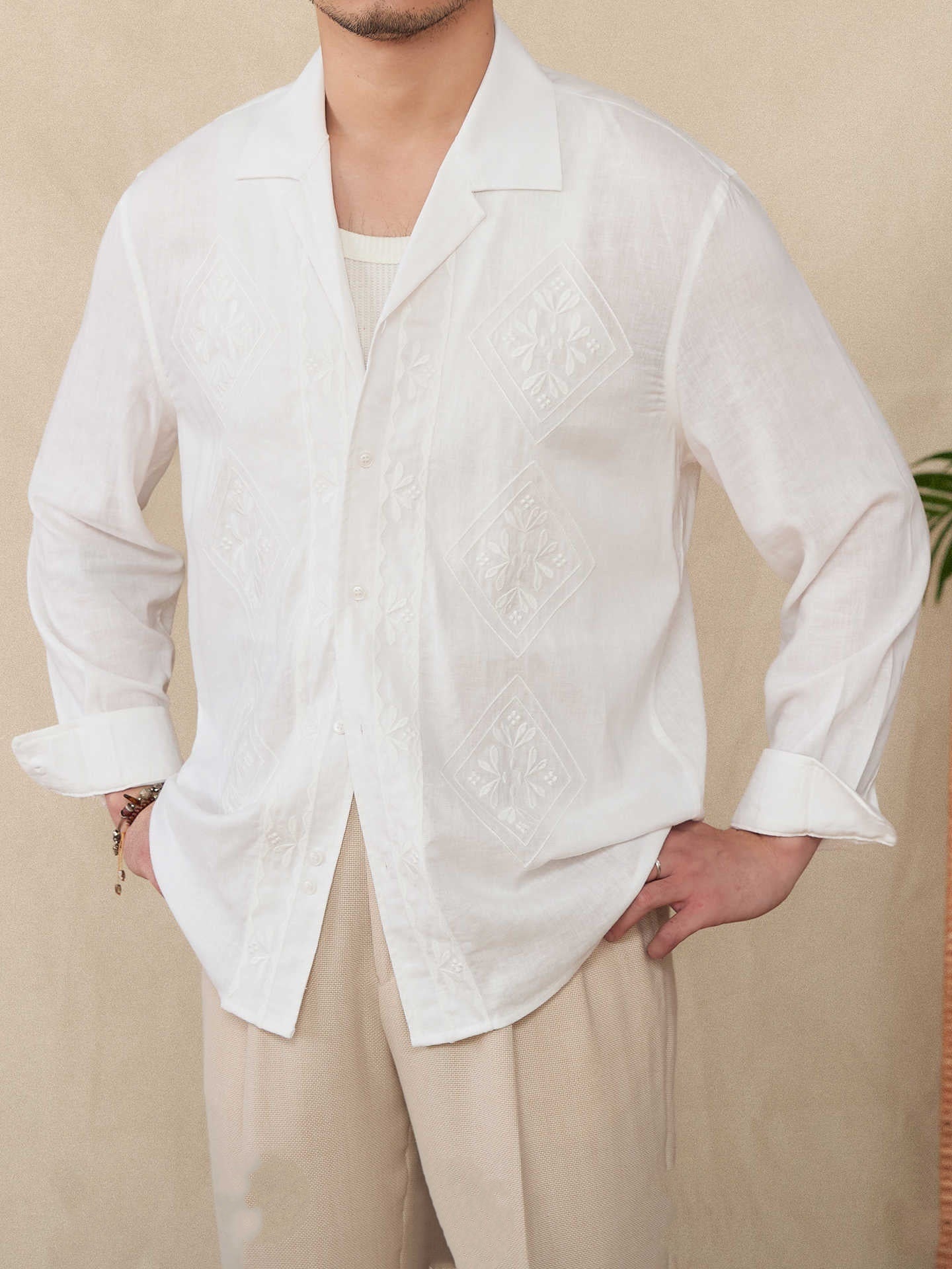 Cotton And Linen Thin Embroidery Cuban Collar Long Sleeve Sunscreen Shirt