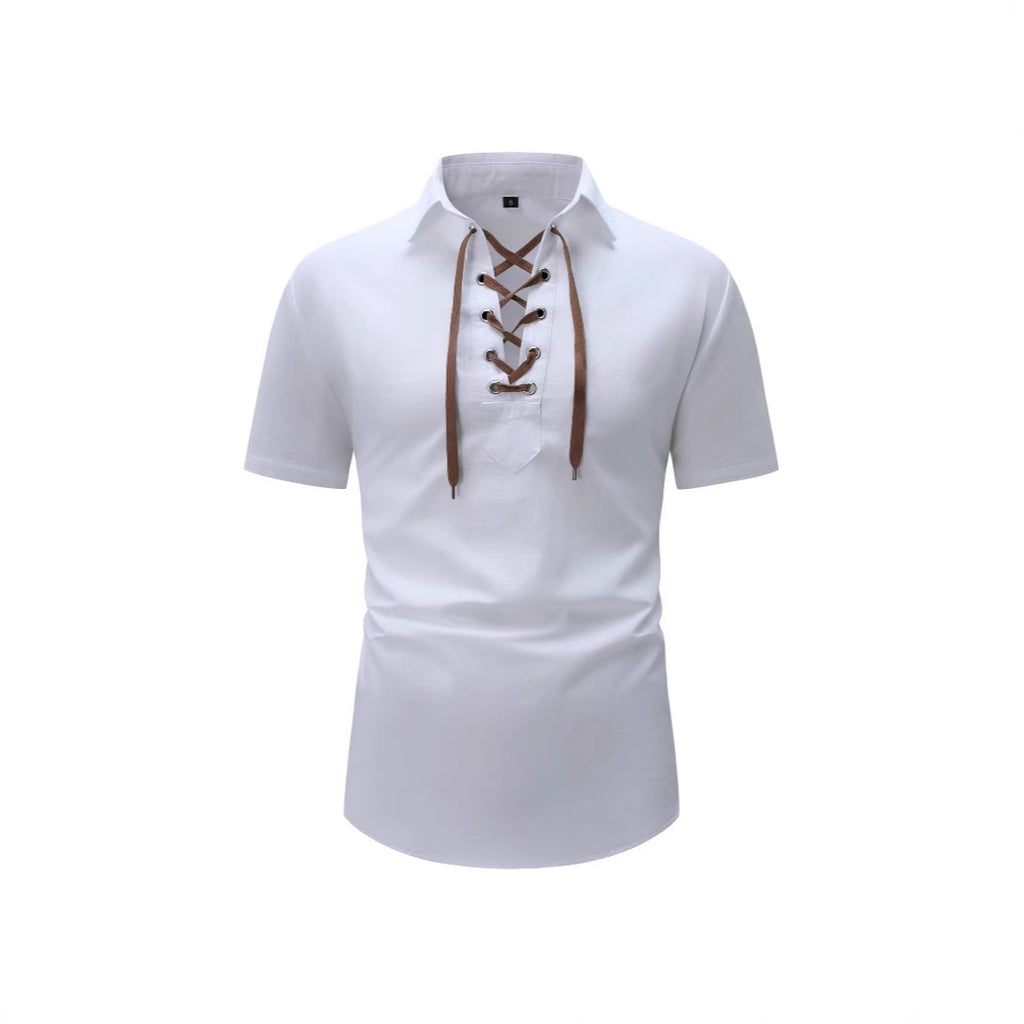 European And American Men's Cotton And Linen Lapel Loose V-neck Lace Shirt