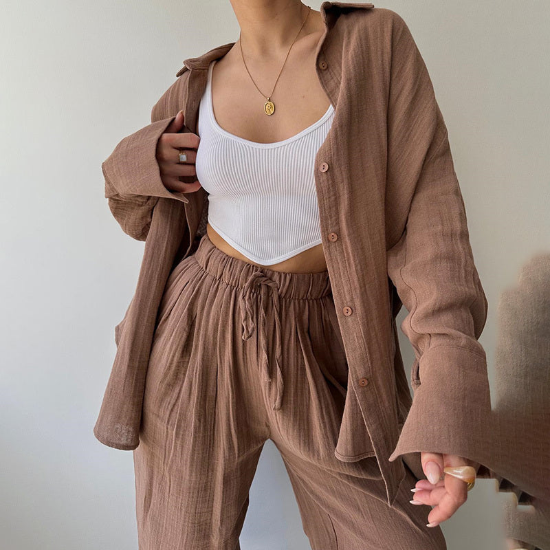 Women's Solid Color Lapel Collar Long Sleeve Shirt & High-Waist Pants Set - Casual Loose Fit Spring&Summer Outfit
